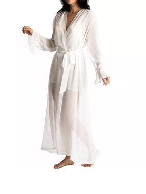 Linea Donatella Sheer White Long Wrap Robe with Tie Belt